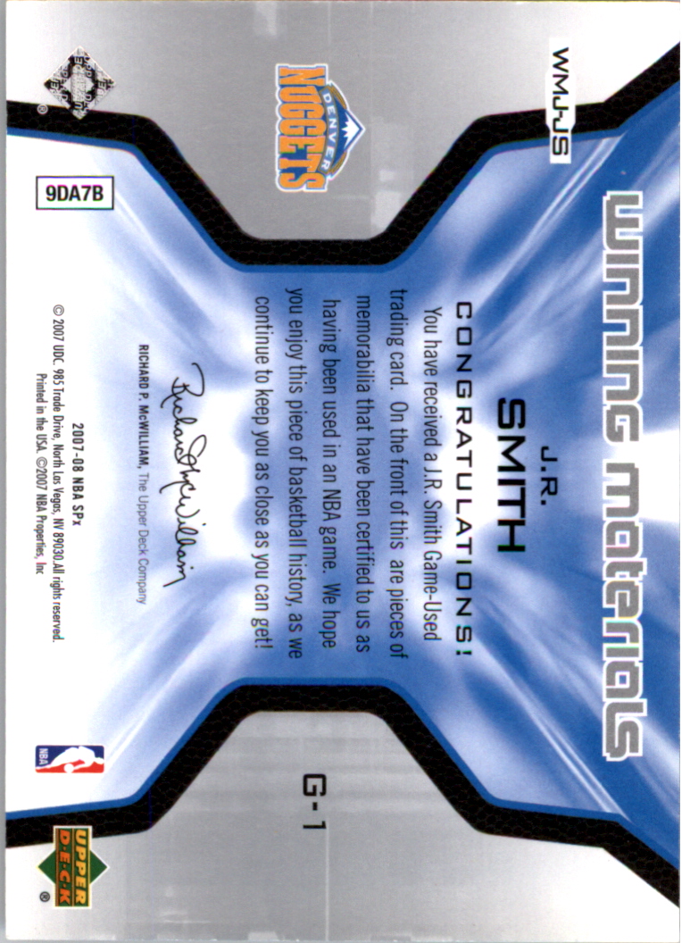 2007-08 SPx Winning Materials Jersey Numbers #JS J.R. Smith back image
