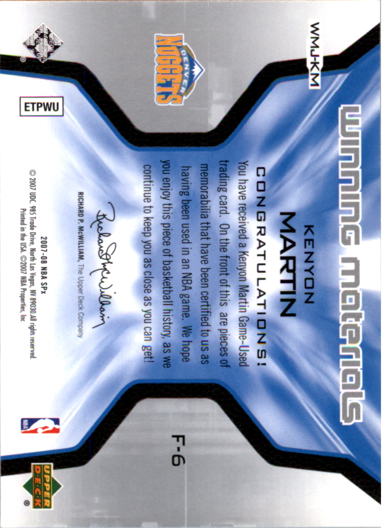 2007-08 SPx Winning Materials Jersey Numbers #KM Kenyon Martin back image