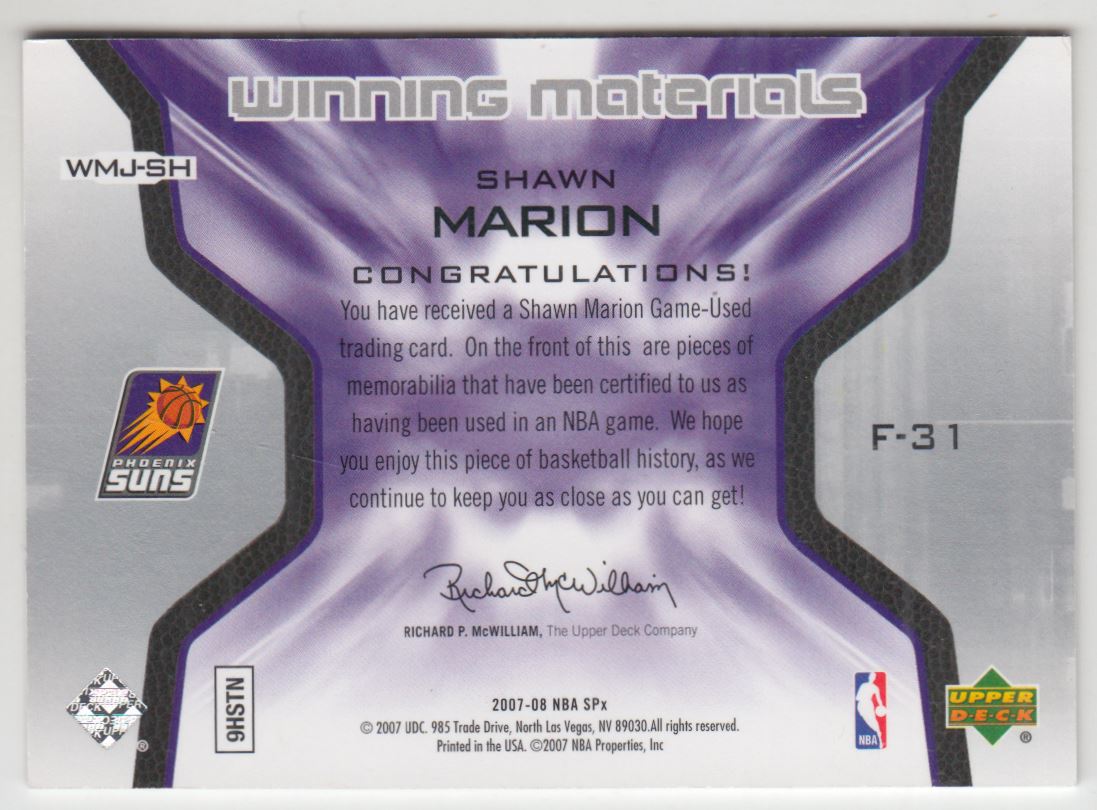 2007-08 SPx Winning Materials Stats #SH Shawn Marion back image