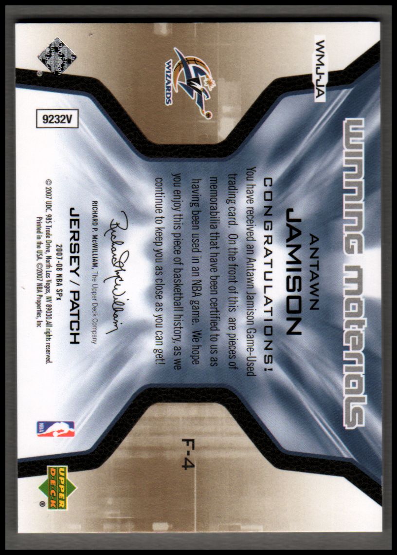 2007-08 SPx Winning Materials Jersey Numbers Patches #JA Antawn Jamison back image