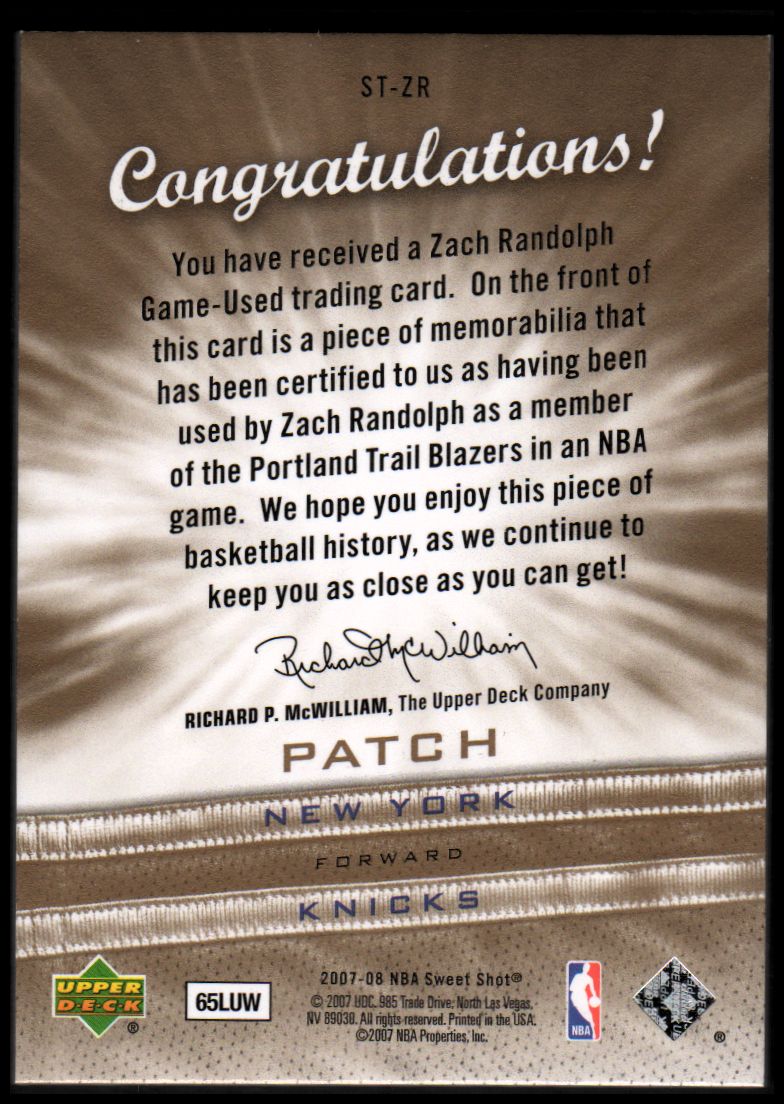2007-08 Sweet Shot Sweet Stitches Patches #ZR Zach Randolph back image