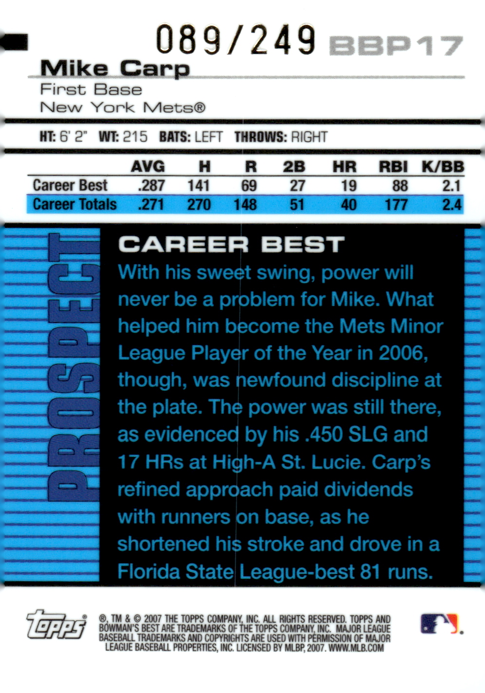 2007 Bowman's Best Prospects Green #BBP17 Mike Carp back image