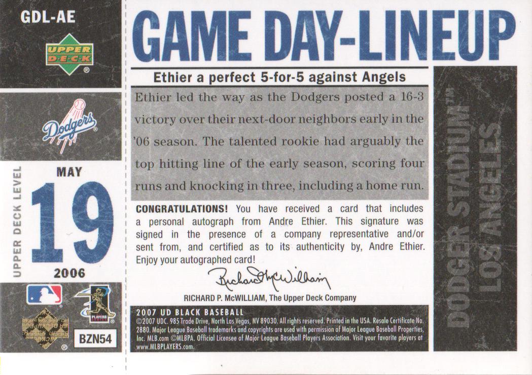 2007 UD Black Game Day Lineup Autographs Gold Spectrum #AE Andre Ethier back image
