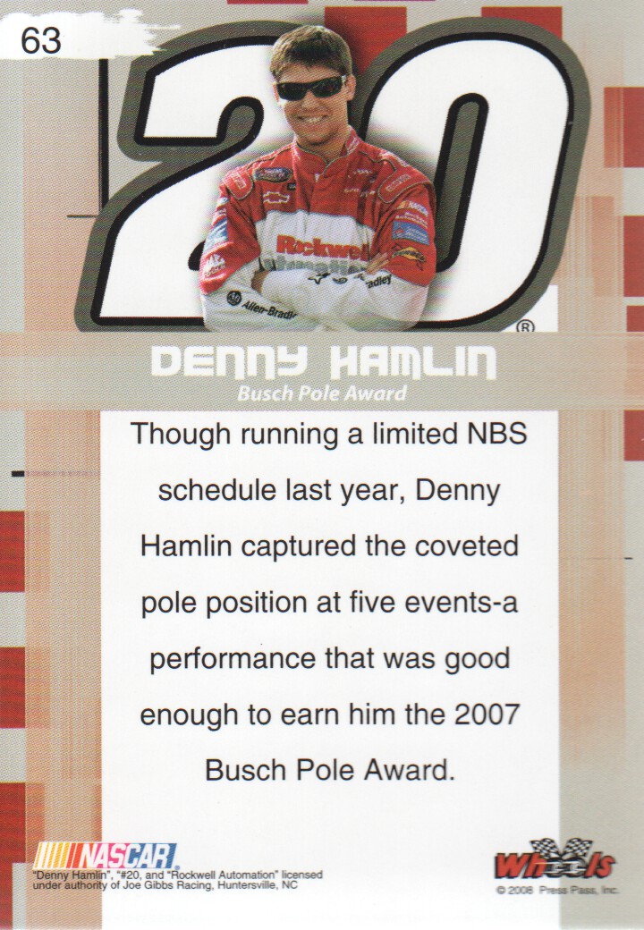 2008 Wheels High Gear #63 Denny Hamlin NA back image