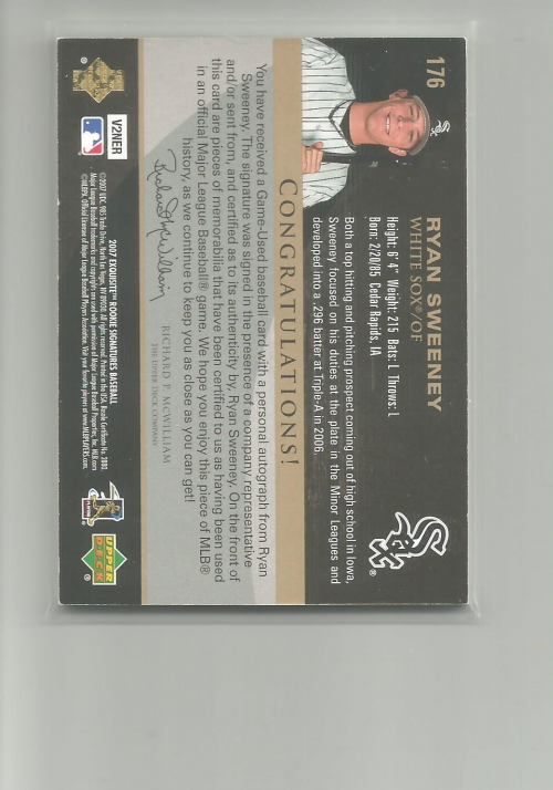 2007 Exquisite Collection Rookie Signatures #176 Ryan Sweeney Jsy AU/199 (RC) back image
