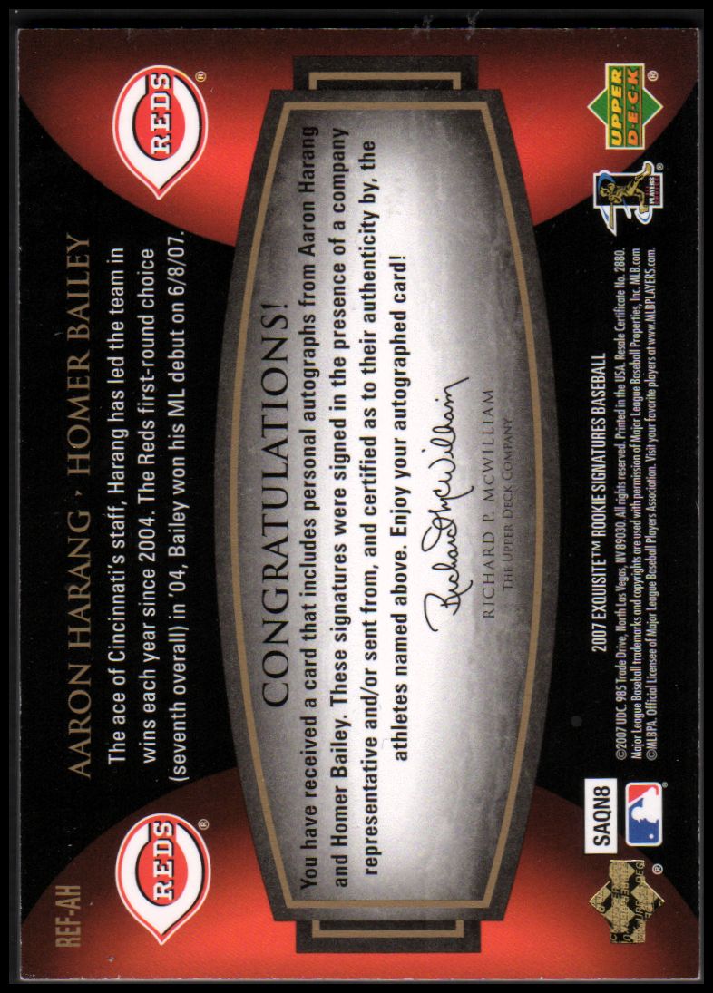 2007 Exquisite Collection Rookie Signatures Reflections Autographs #AH Aaron Harang/Homer Bailey/40 back image