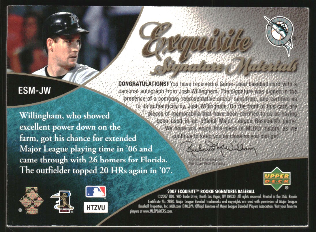 2007 Exquisite Collection Rookie Signatures Signature Materials #JW Josh Willingham/85