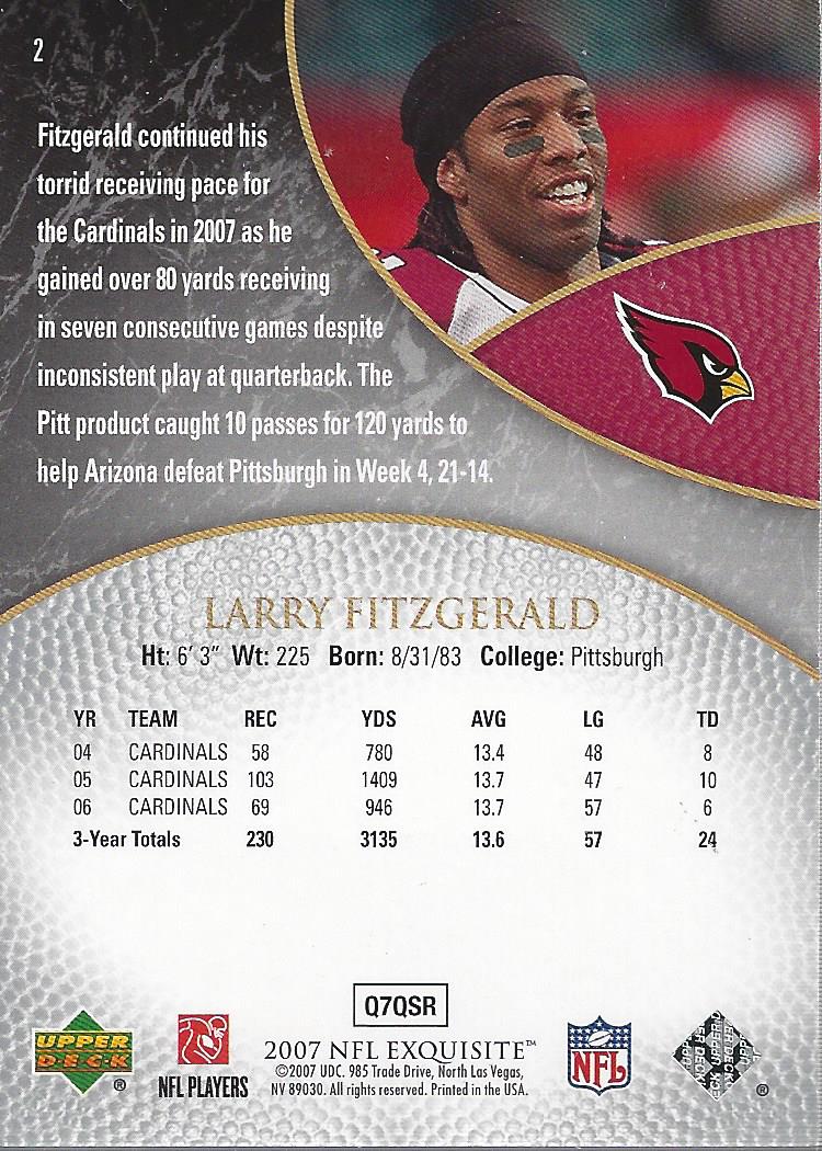 2007 Exquisite Collection #2 Larry Fitzgerald back image