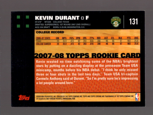 2007-08 Topps Chrome #131 Kevin Durant RC back image