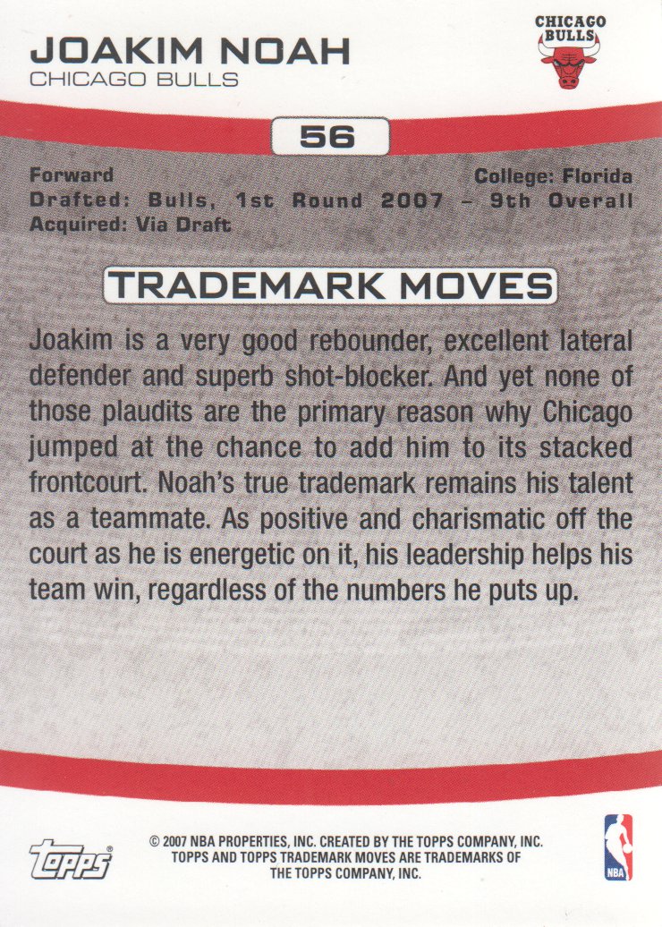 2007-08 Topps Trademark Moves Orange #56 Joakim Noah back image
