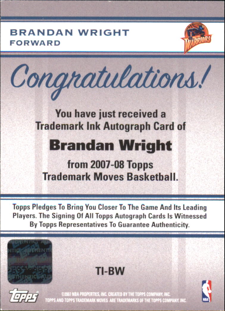 2007-08 Topps Trademark Moves Ink Red #BW Brandan Wright back image