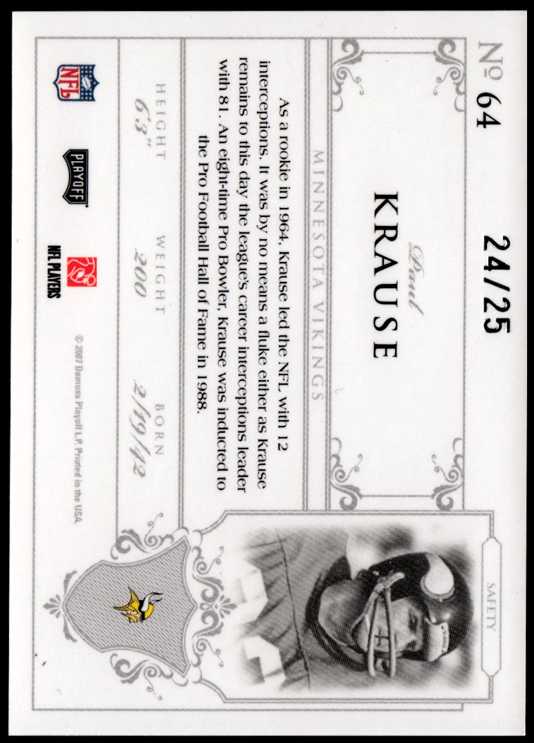 2007 Playoff National Treasures Silver #64 Paul Krause back image