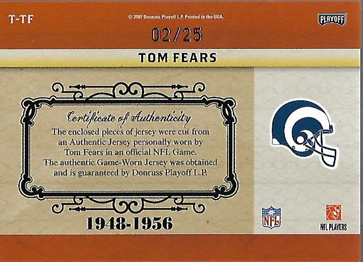 2007 Playoff National Treasures Timeline Material AFC/NFC #TF Tom Fears back image