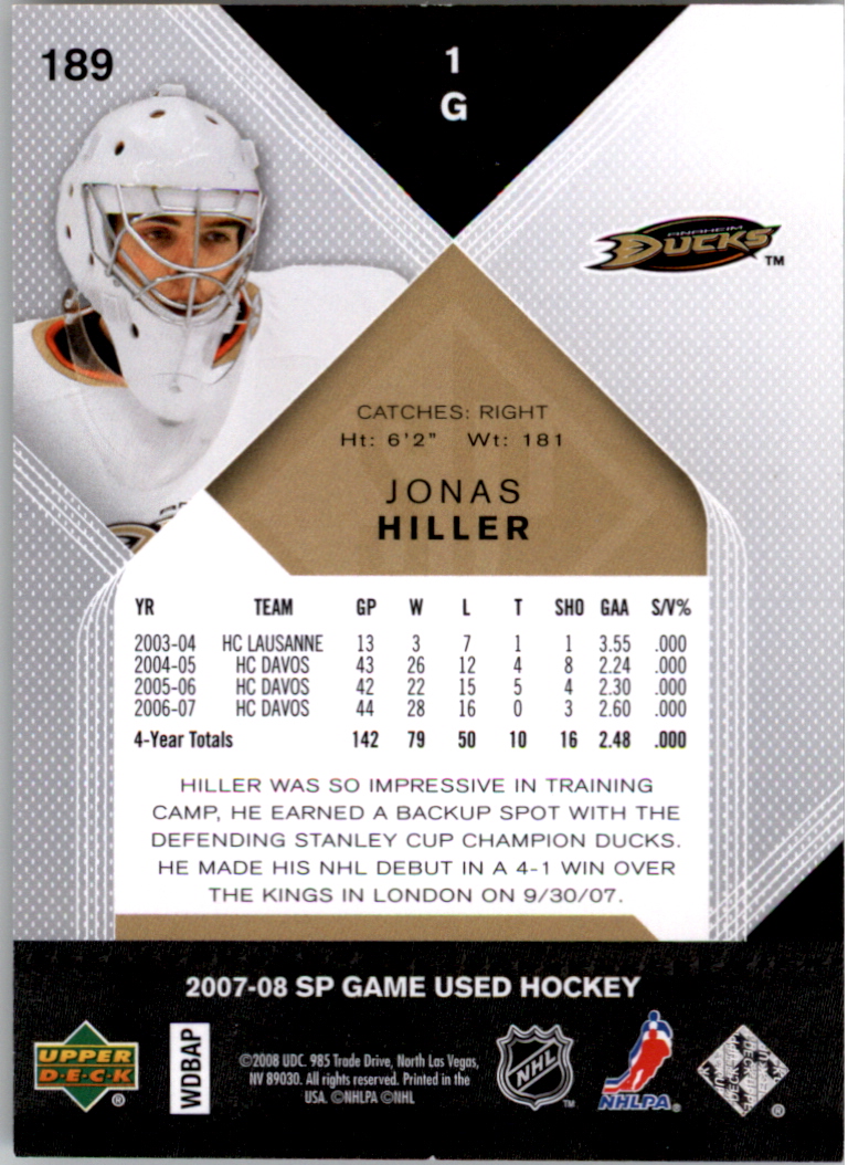 2007-08 SP Game Used #189 Jonas Hiller RC back image