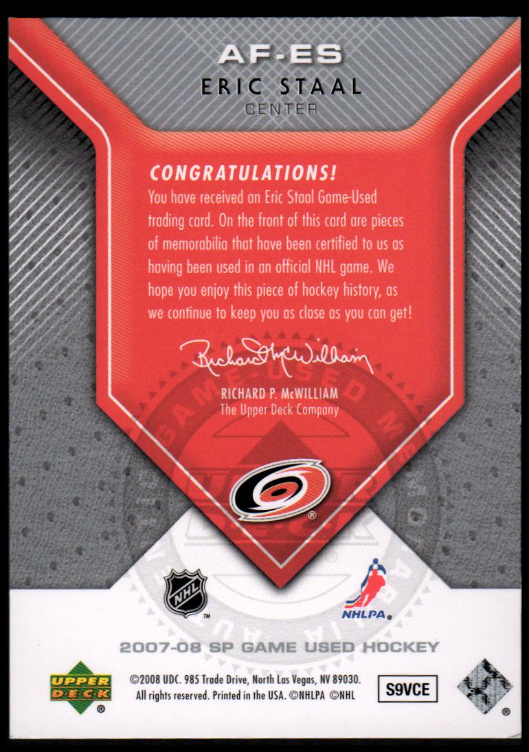 2007-08 SP Game Used Authentic Fabrics #AFES Eric Staal back image