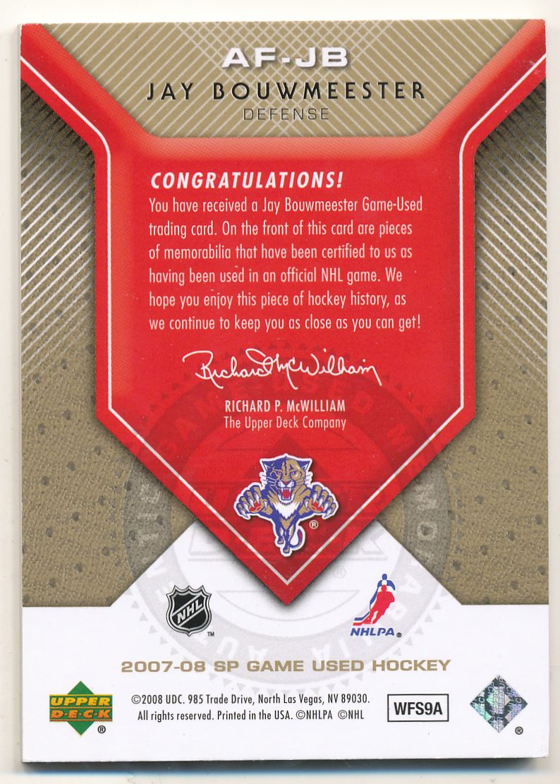 2007-08 SP Game Used Authentic Fabrics Patches #AFJB Jay Bouwmeester