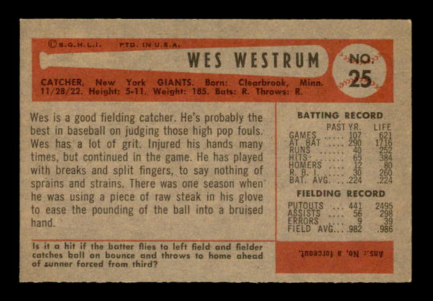 1954 Bowman #25B Wes Westrum/.982/.986 Fielding Avg. back image