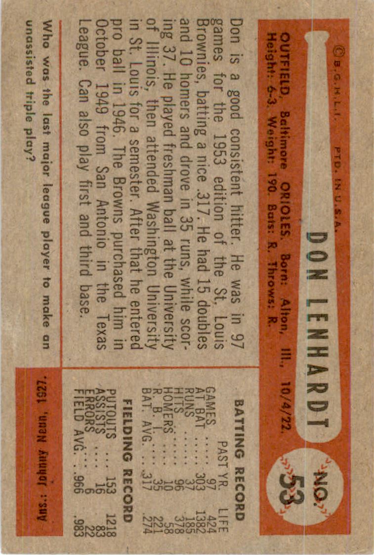 1954 Bowman #53B Don Lenhardt/.966/.983 Fielding Avg. back image