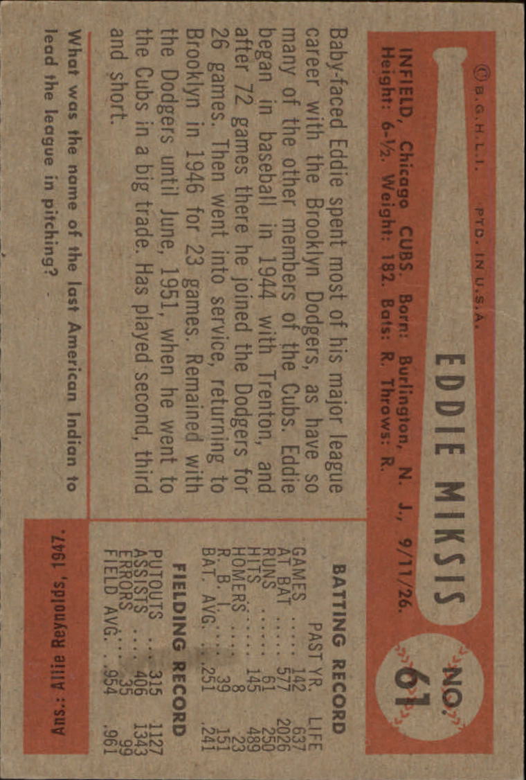 1954 Bowman #61B Eddie Miksis/.954/.961 Fielding Avg. back image