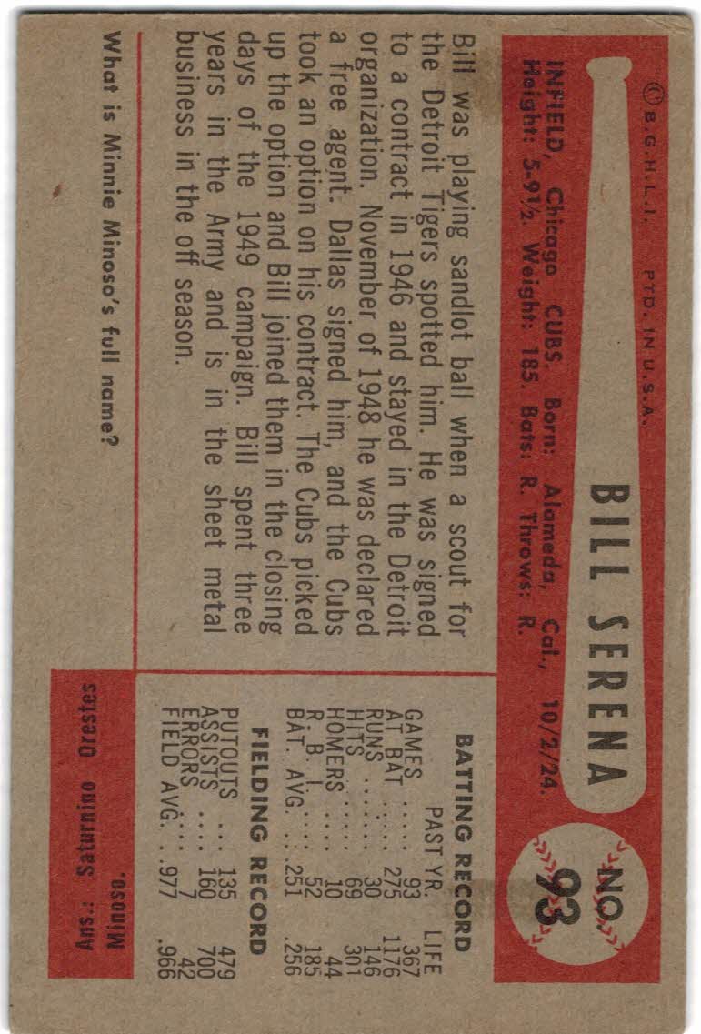 1954 Bowman #93B Bill Serena/.977/.966 Fielding Avg. back image