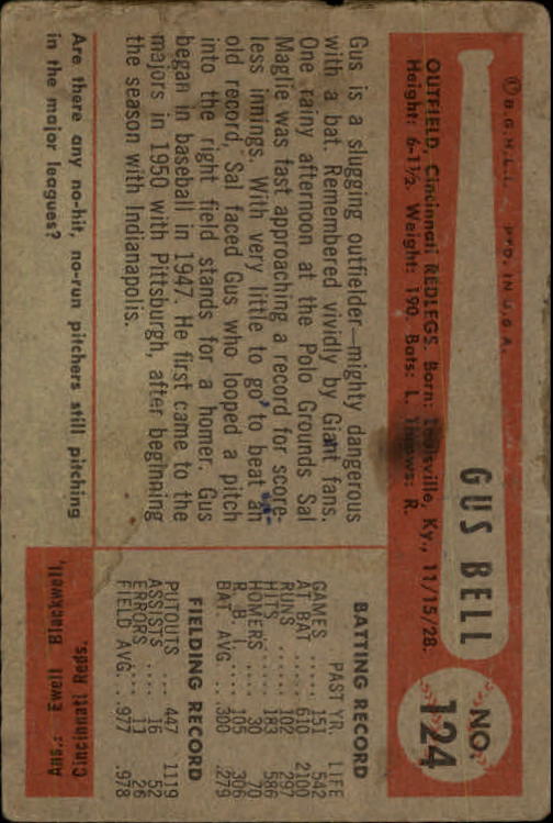 1954 Bowman #124B Gus Bell/11/26 Errors back image