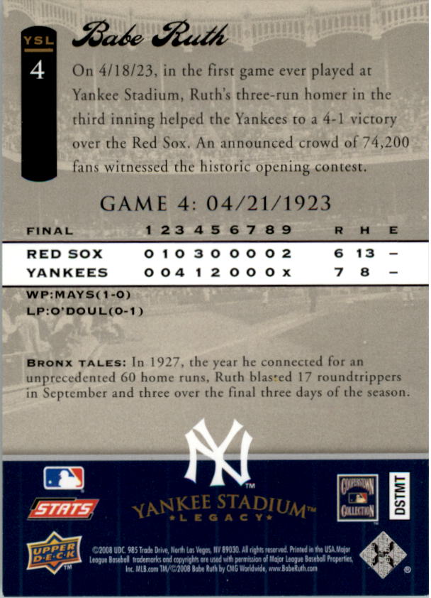 2008 Upper Deck Yankee Stadium Legacy Collection #4 Babe Ruth back image