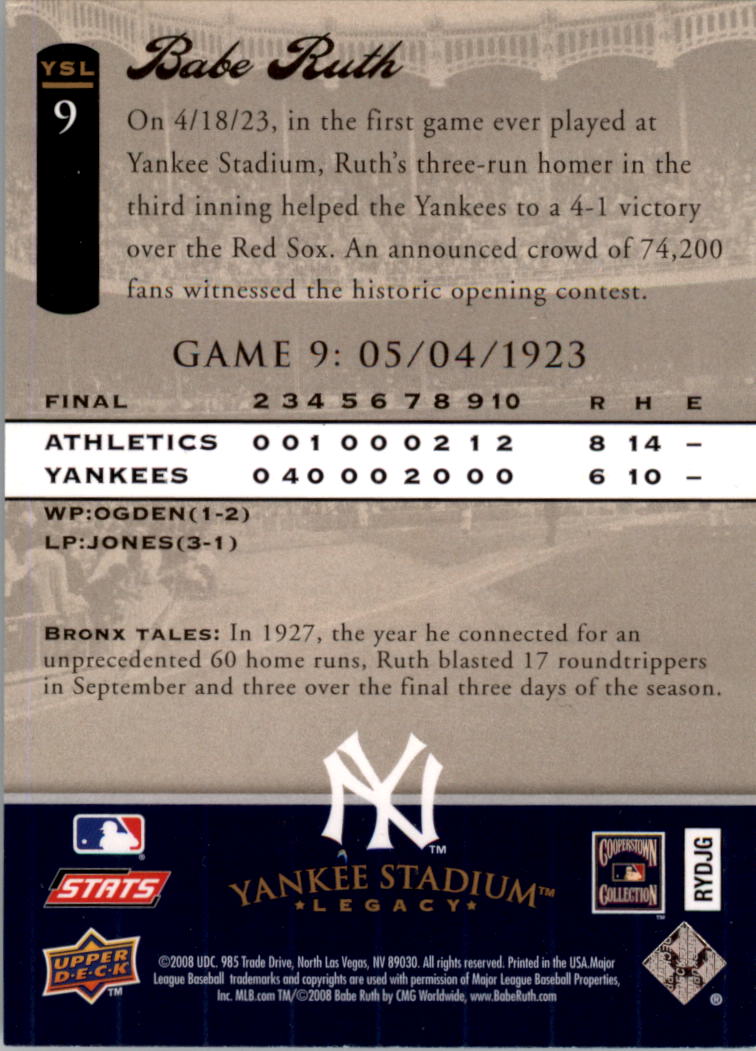 2008 Upper Deck Yankee Stadium Legacy Collection #9 Babe Ruth back image