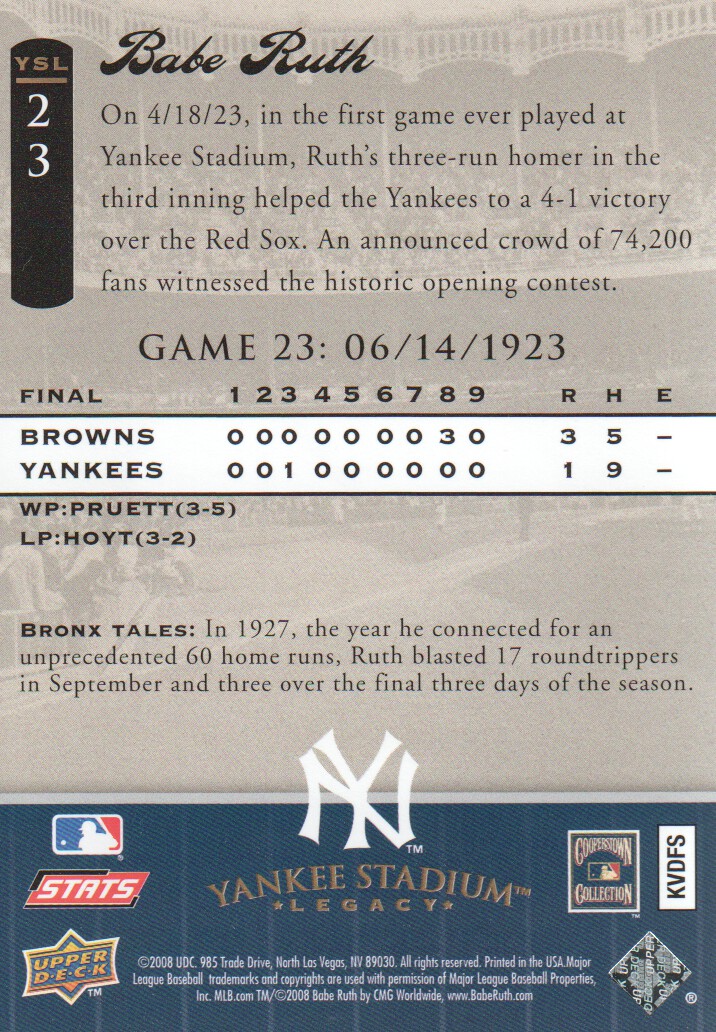 2008 Upper Deck Yankee Stadium Legacy Collection #23 Babe Ruth back image