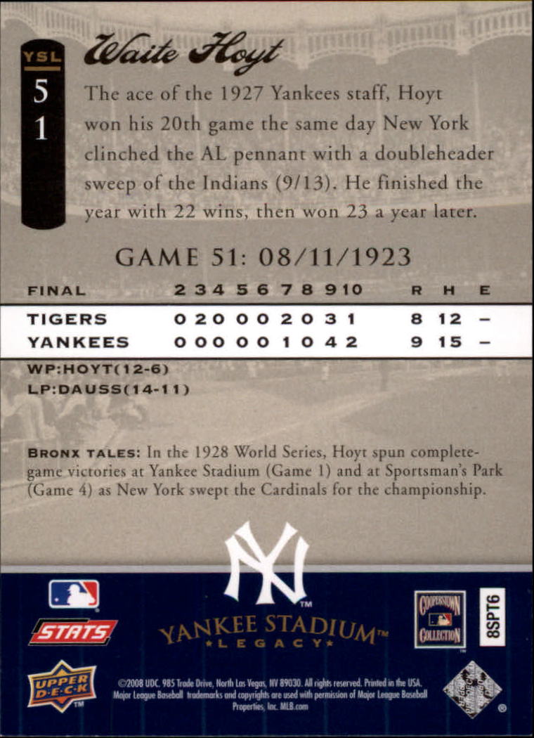 2008 Upper Deck Yankee Stadium Legacy Collection #51 Waite Hoyt back image