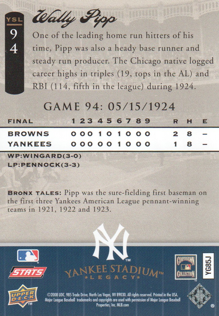 2008 Upper Deck Yankee Stadium Legacy Collection #94 Wally Pipp back image