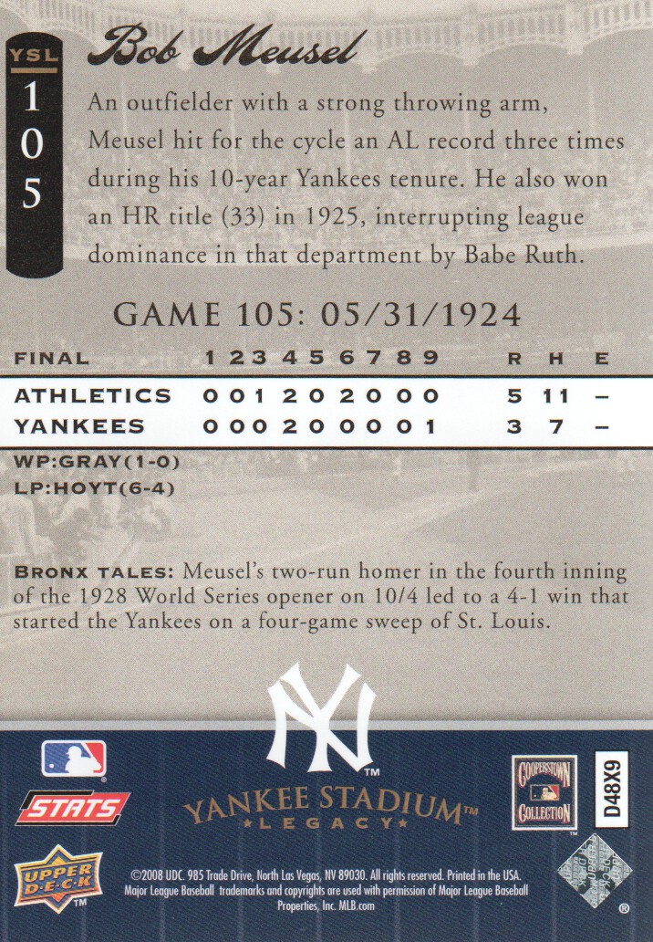 2008 Upper Deck Yankee Stadium Legacy Collection #105 Bob Meusel back image