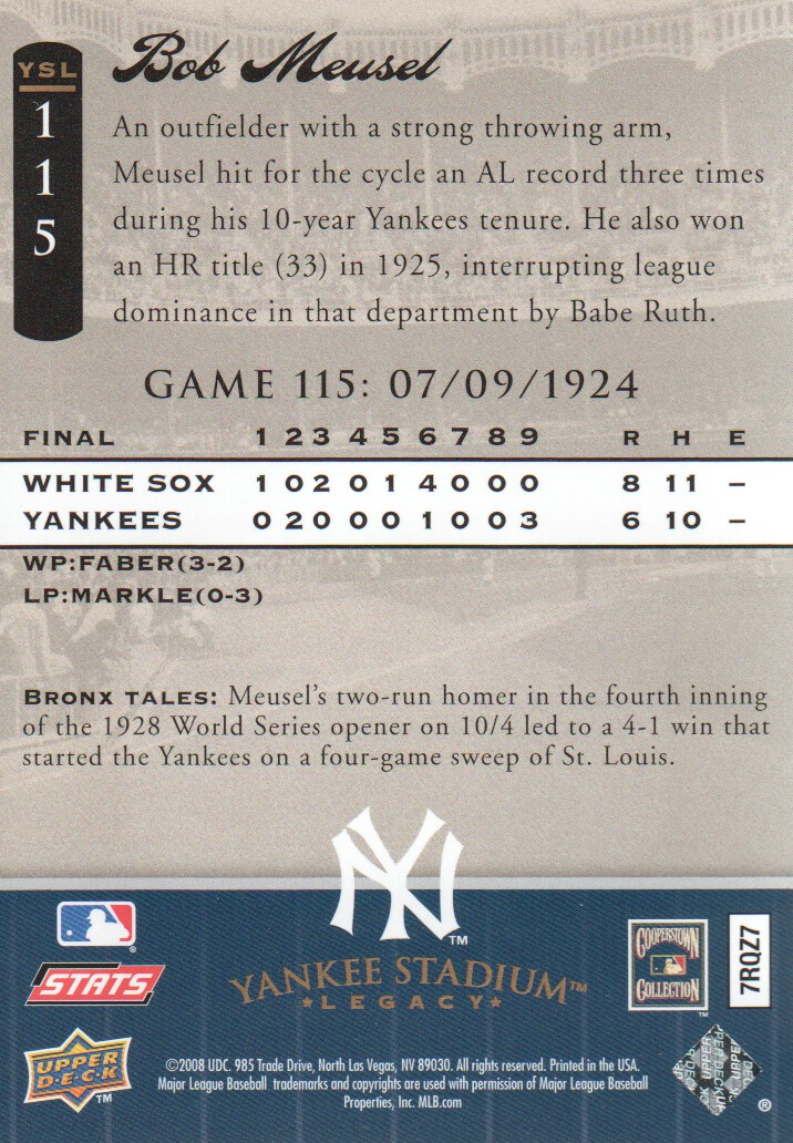 2008 Upper Deck Yankee Stadium Legacy Collection #115 Bob Meusel back image