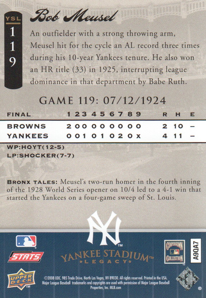 2008 Upper Deck Yankee Stadium Legacy Collection #119 Bob Meusel back image