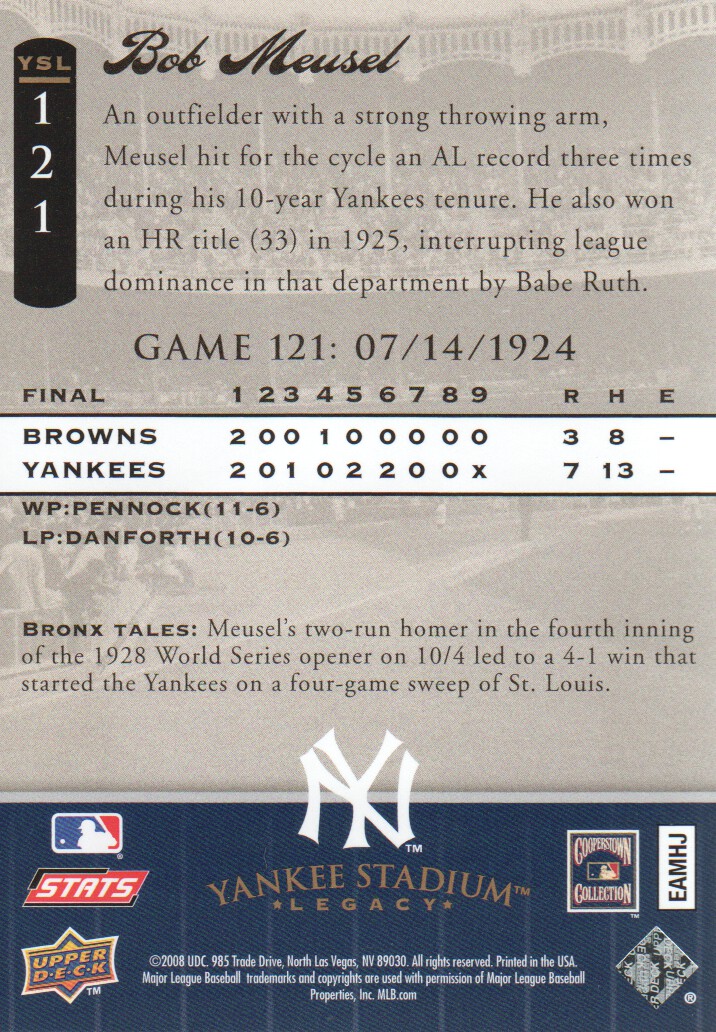 2008 Upper Deck Yankee Stadium Legacy Collection #121 Bob Meusel back image