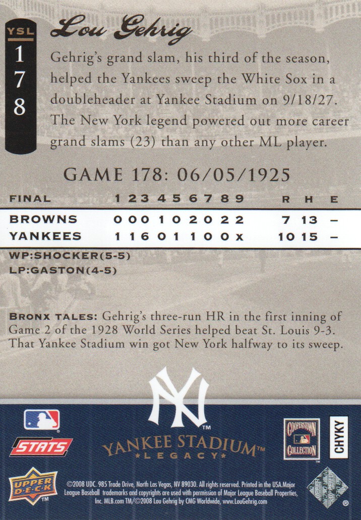 2008 Upper Deck Yankee Stadium Legacy Collection #178 Lou Gehrig back image