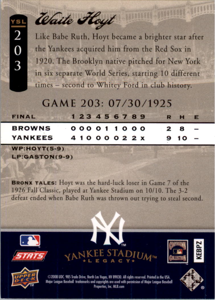 2008 Upper Deck Yankee Stadium Legacy Collection #203 Waite Hoyt back image