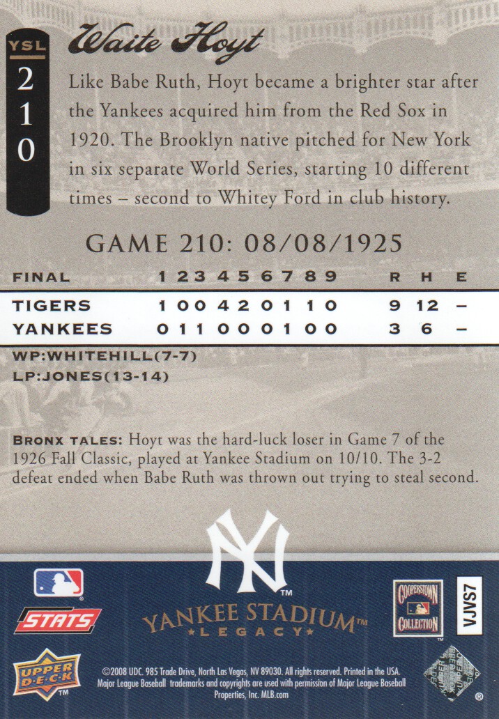 2008 Upper Deck Yankee Stadium Legacy Collection #210 Waite Hoyt back image