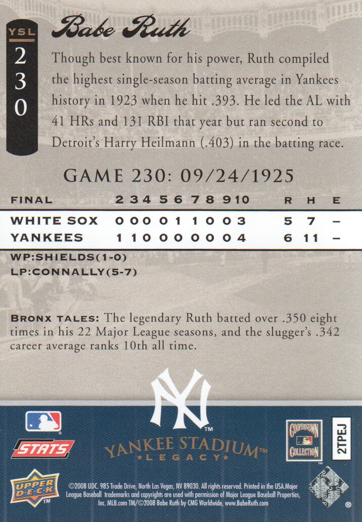 2008 Upper Deck Yankee Stadium Legacy Collection #230 Babe Ruth back image