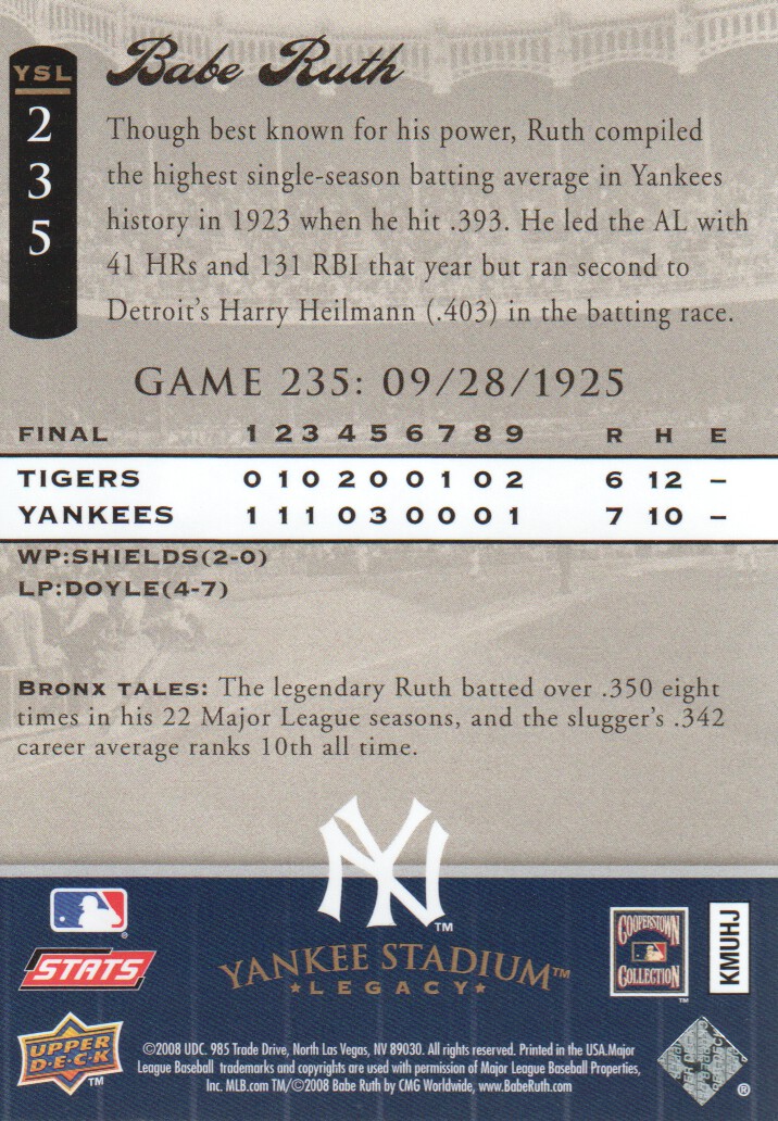 2008 Upper Deck Yankee Stadium Legacy Collection #235 Babe Ruth back image