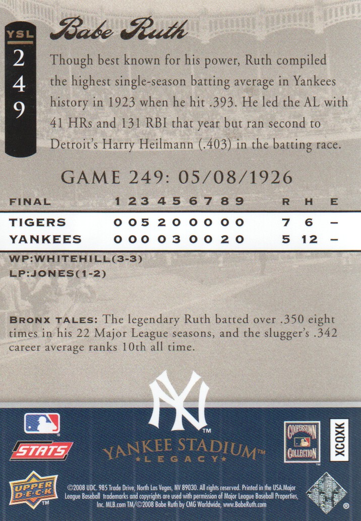 2008 Upper Deck Yankee Stadium Legacy Collection #249 Babe Ruth back image
