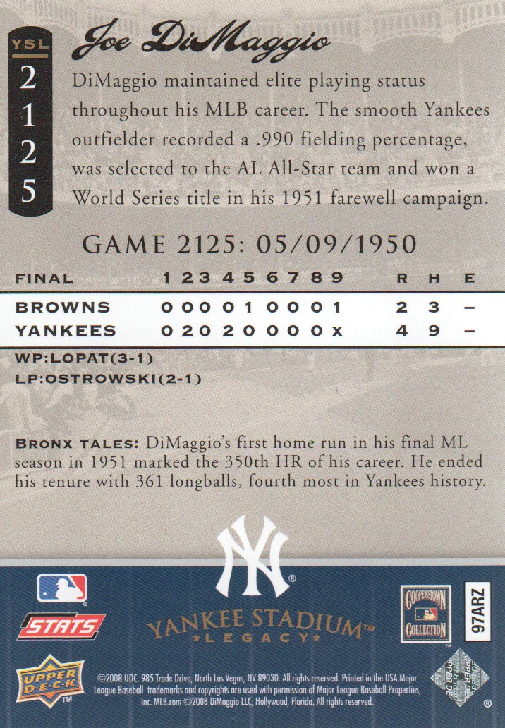 2008 Upper Deck Yankee Stadium Legacy Collection #2125 Joe DiMaggio back image
