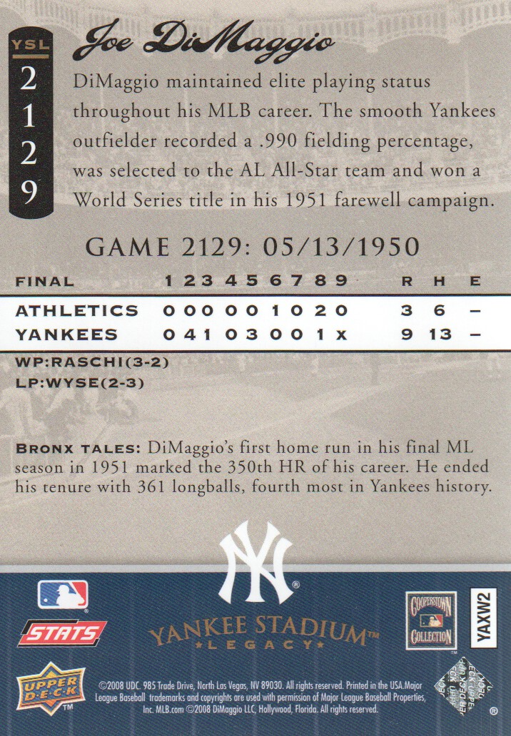 2008 Upper Deck Yankee Stadium Legacy Collection #2129 Joe DiMaggio back image