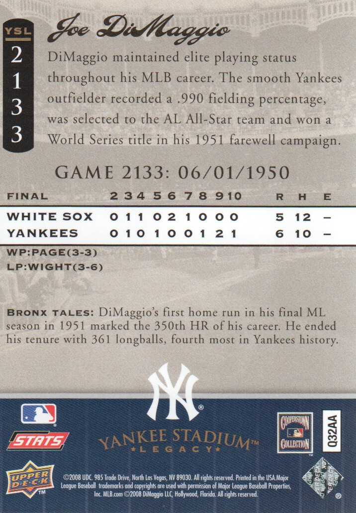 2008 Upper Deck Yankee Stadium Legacy Collection #2133 Joe DiMaggio back image