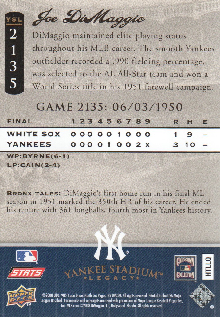 2008 Upper Deck Yankee Stadium Legacy Collection #2135 Joe DiMaggio back image