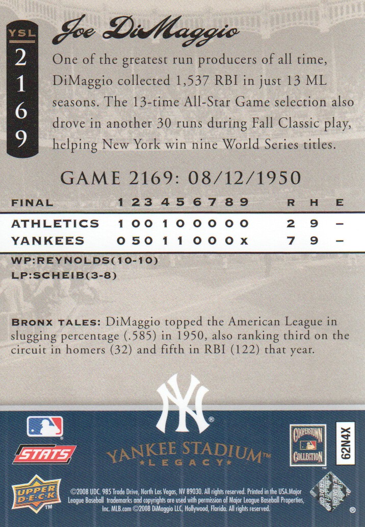 2008 Upper Deck Yankee Stadium Legacy Collection #2169 Joe DiMaggio back image