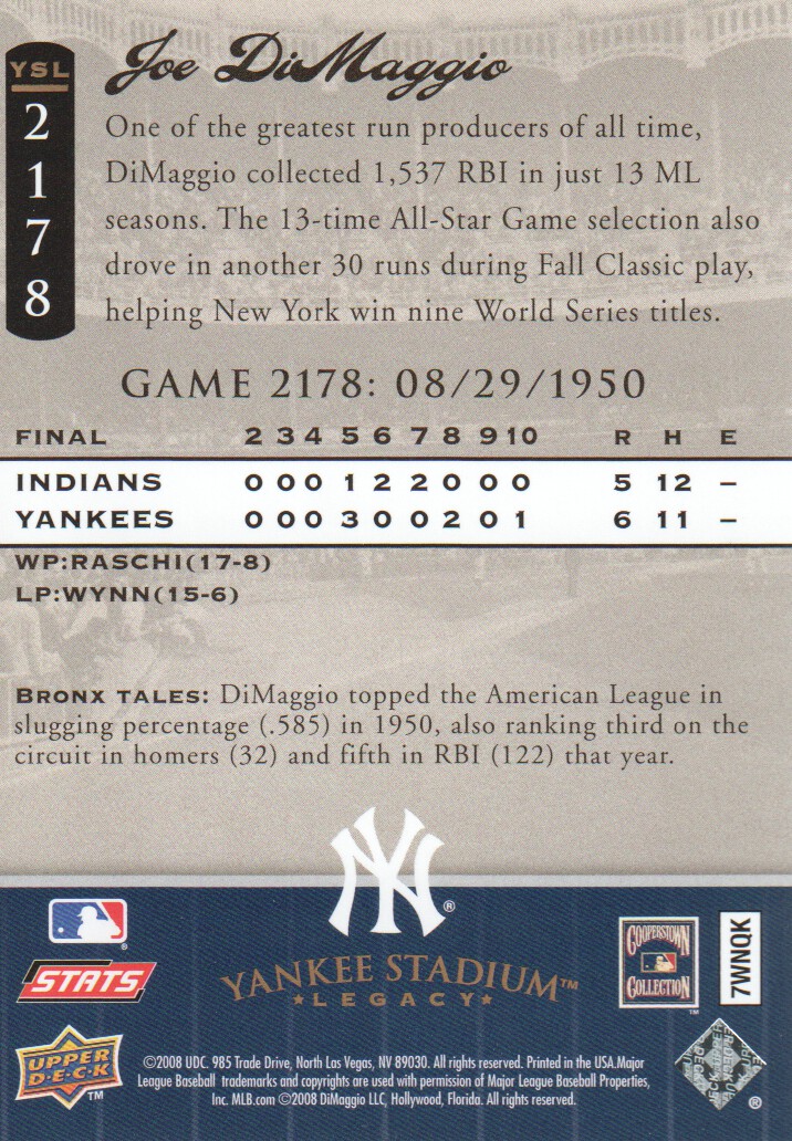 2008 Upper Deck Yankee Stadium Legacy Collection #2178 Joe DiMaggio back image