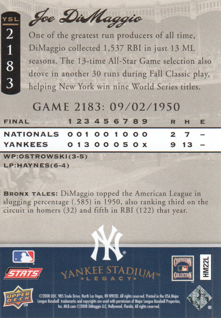 2008 Upper Deck Yankee Stadium Legacy Collection #2183 Joe DiMaggio back image