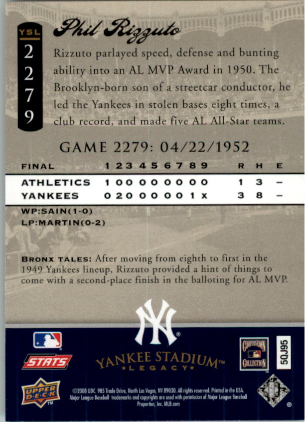 2008 Upper Deck Yankee Stadium Legacy Collection #2279 Phil Rizzuto back image
