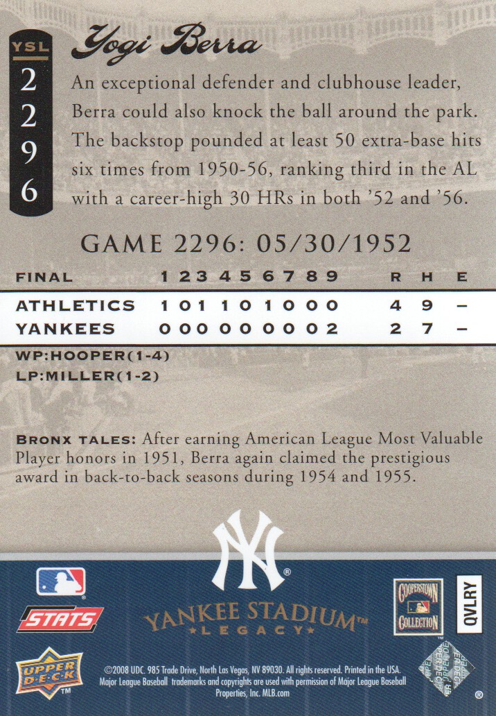 2008 Upper Deck Yankee Stadium Legacy Collection #2296 Yogi Berra back image