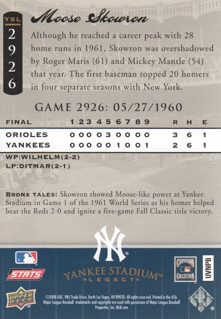 2008 Upper Deck Yankee Stadium Legacy Collection #2926 Moose Skowron back image